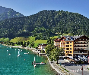 Góry, Hotel, Tyrol, Pertisau, Achensee, Lasy, Jachty, Jezioro