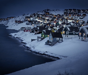 Miasteczko, Góry, Zima, Norwegia, Noc, Wybrzeże