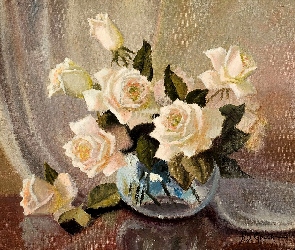 Bukiet, Obraz, Róż, Białych
