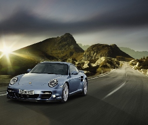 Turbo, Porsche, Samochód, Słońca, Góry, Droga, Promienie, 911