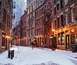 Ulica, Manhattan, Wieżowce, Zima, Jork, Sklepy, USA, Nowy