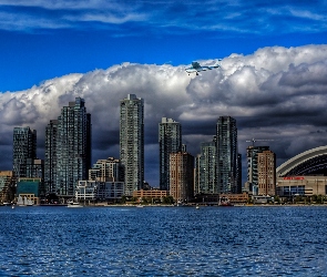 Chmury, Jezioro, Toronto, Kanada, Drapacze Chmur, Awionetka