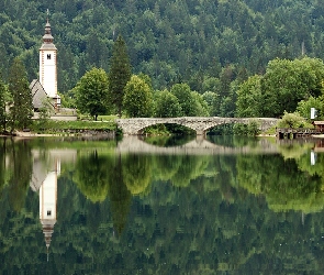 Jezioro, Odbicie, Most, Kościół, Las
