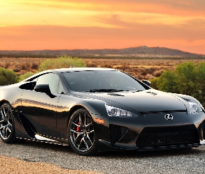 Lexus, Czarny, Słońca, Zachód, Krzewy, Samochód