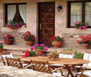 Stół, Kwiaty, Dom, Donice