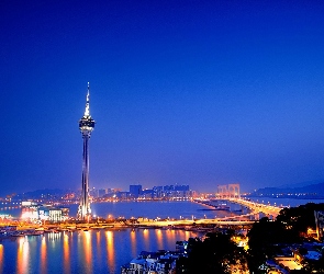 Noc, Panorama, Most, Chiny, Makao, Wieża, Morze