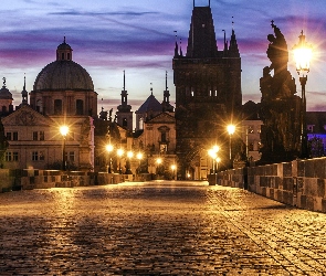 Czechy, Praga, Most, Oświetlony, Karola, Domy