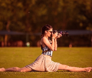 Fotograficzny, Aparat, Dziewczyna, Szpagat