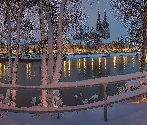 Rzeka, Zima, Regensburg, Płot, Drzewa, Katedra, Ogrodzenie, Śnieg