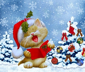 Kotek, 2D, Choinka, Boże Narodzenie, Mikołaj