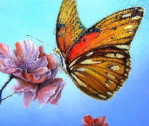 Malarstwo, Kwiat, Motyl, Motylek, Obraz