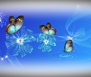 Motyle, Grafika, Niebieskie Kwiaty