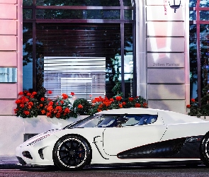 Koenigsegg, Sportowy, Biały, Okna, Dom, Agera, Kwiaty, Samochód