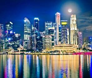 Nocą, Miasto, Chmur, Drapacze, Księżyc, Singapur
