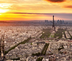 Zachód słońca, Wieża Eiffla, Paryż, Miasto
