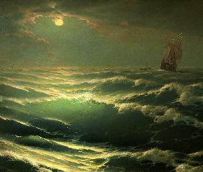 Malarstwo, Noc, Morze, Statek, George Dimitriev