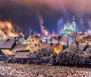 Kościół, Domy, Miasto, Chmury