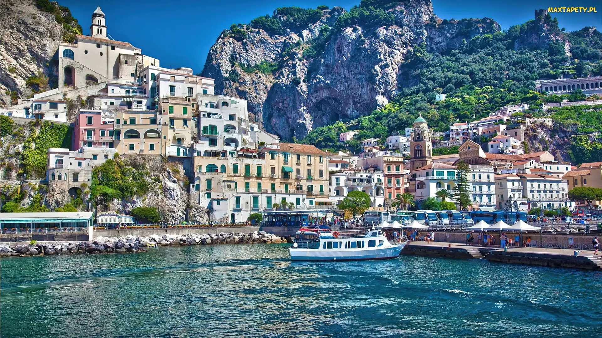 Amalfi, Góry, Morze, Łódź, Miasto