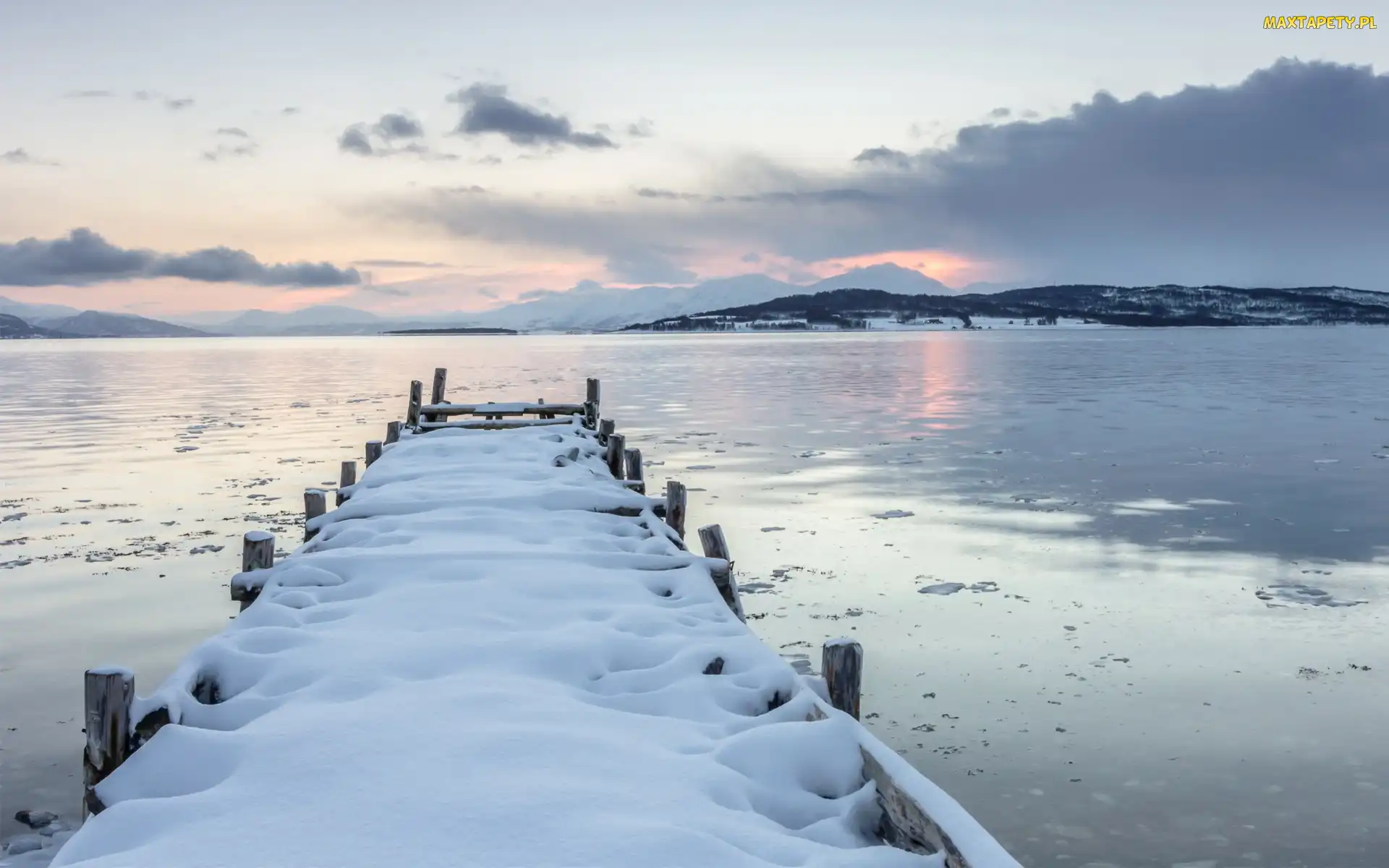 Góry, Zima, Molo, Śnieg, Jezioro