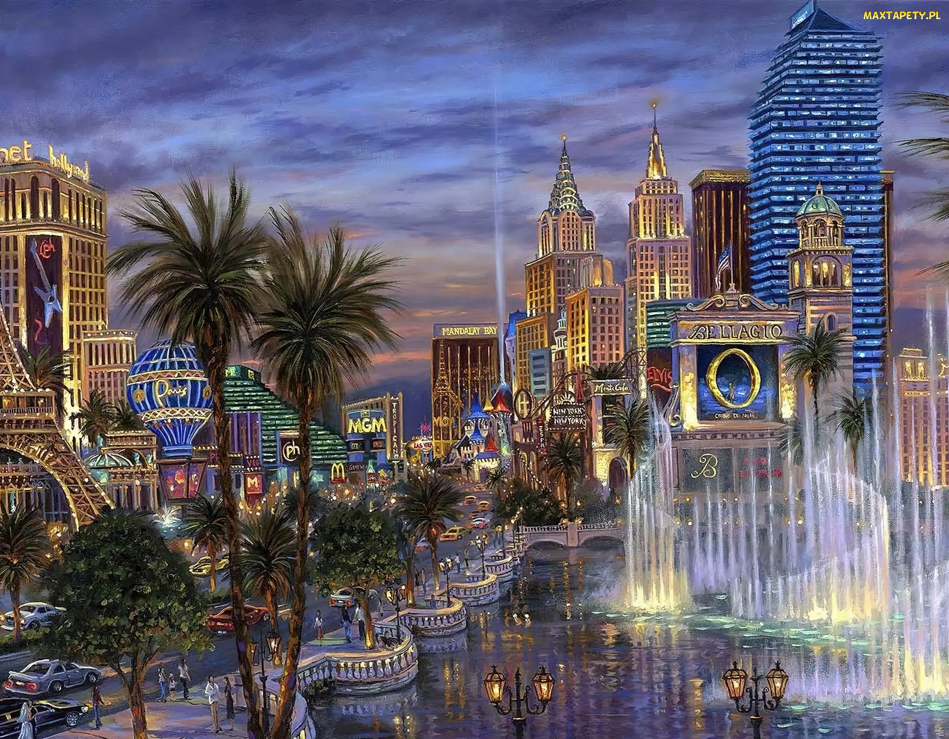 Panorama, Las Vegas, Noc, Palmy, Drapacze, Chmur, Rzeka