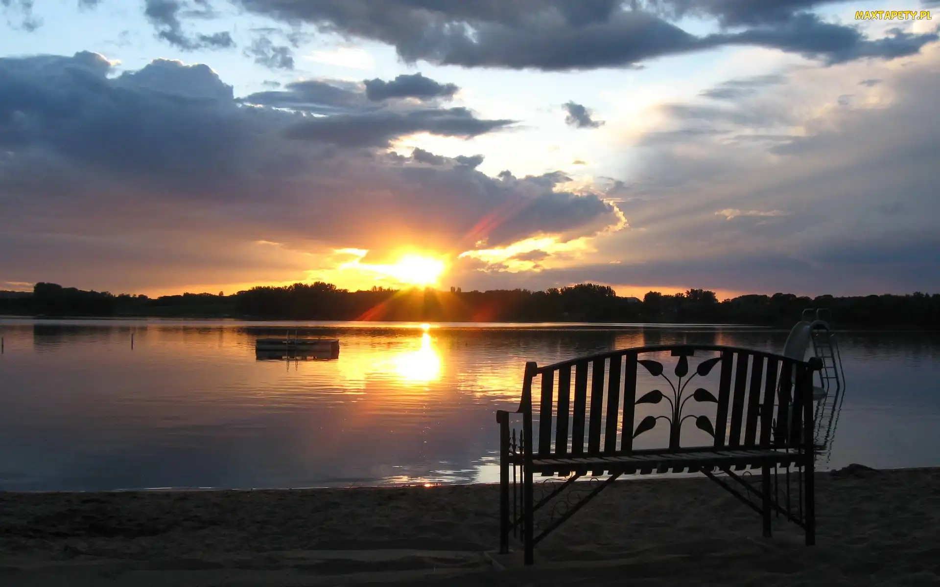 Ławka, Słońca, Jezioro, Zachód