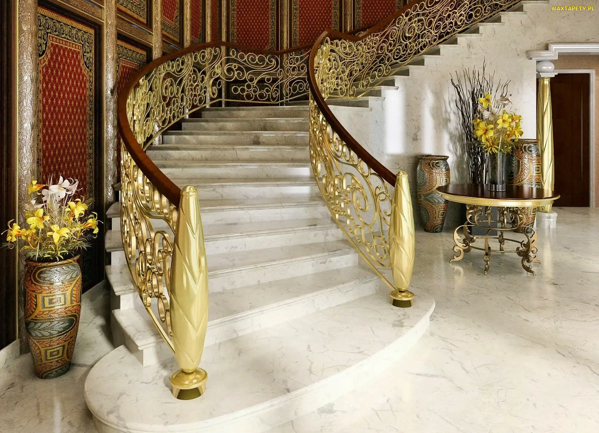 Dom, Balustrady, Schody, Złocone, Hol
