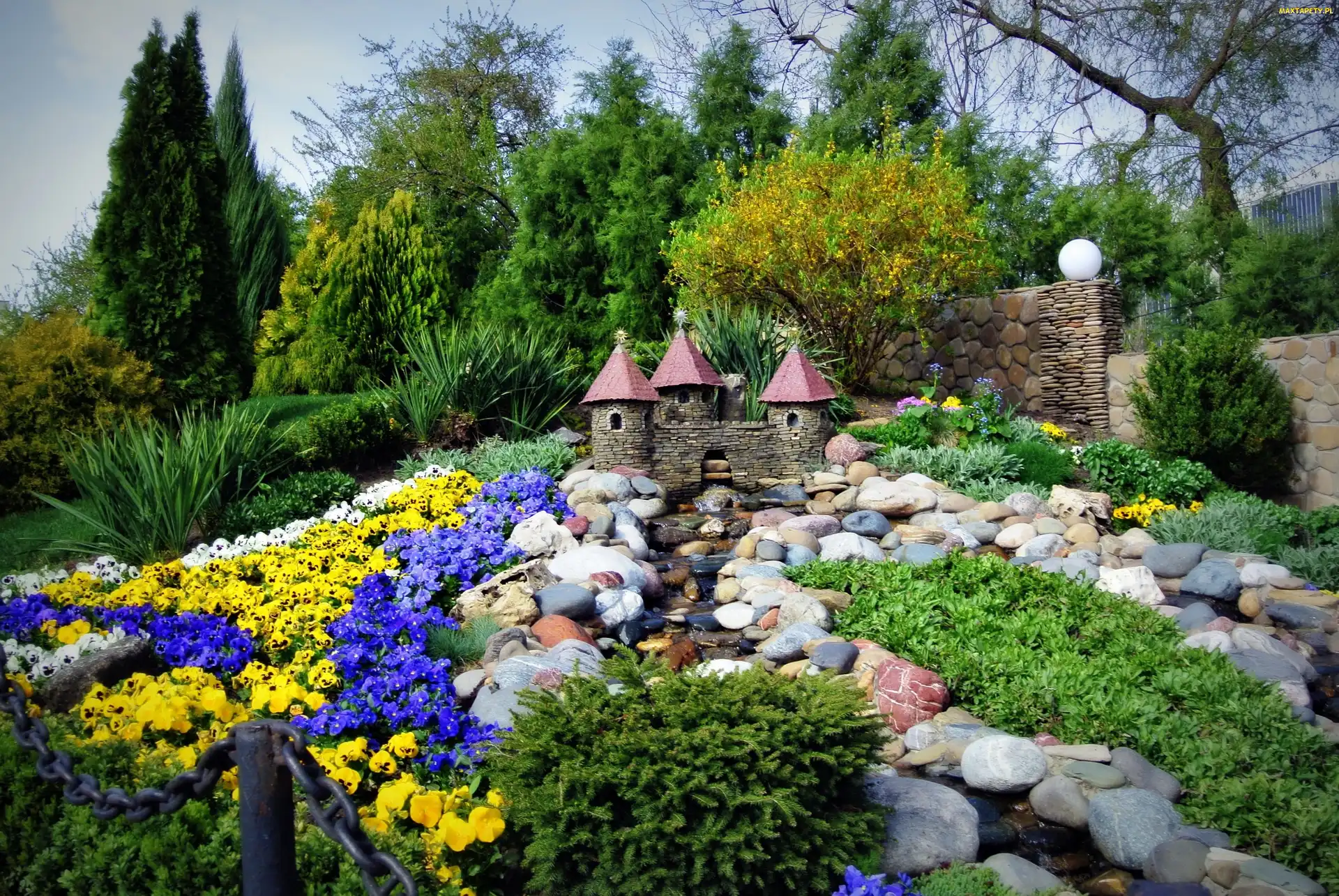 Krzewy, Kamienie, Park, Kwiaty