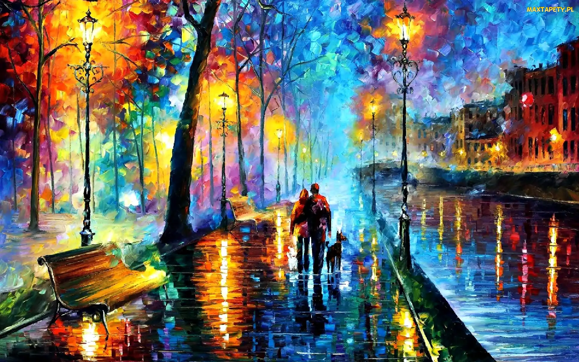 Leonid Afremov, Domy, Latarnie, Ulica, Obraz