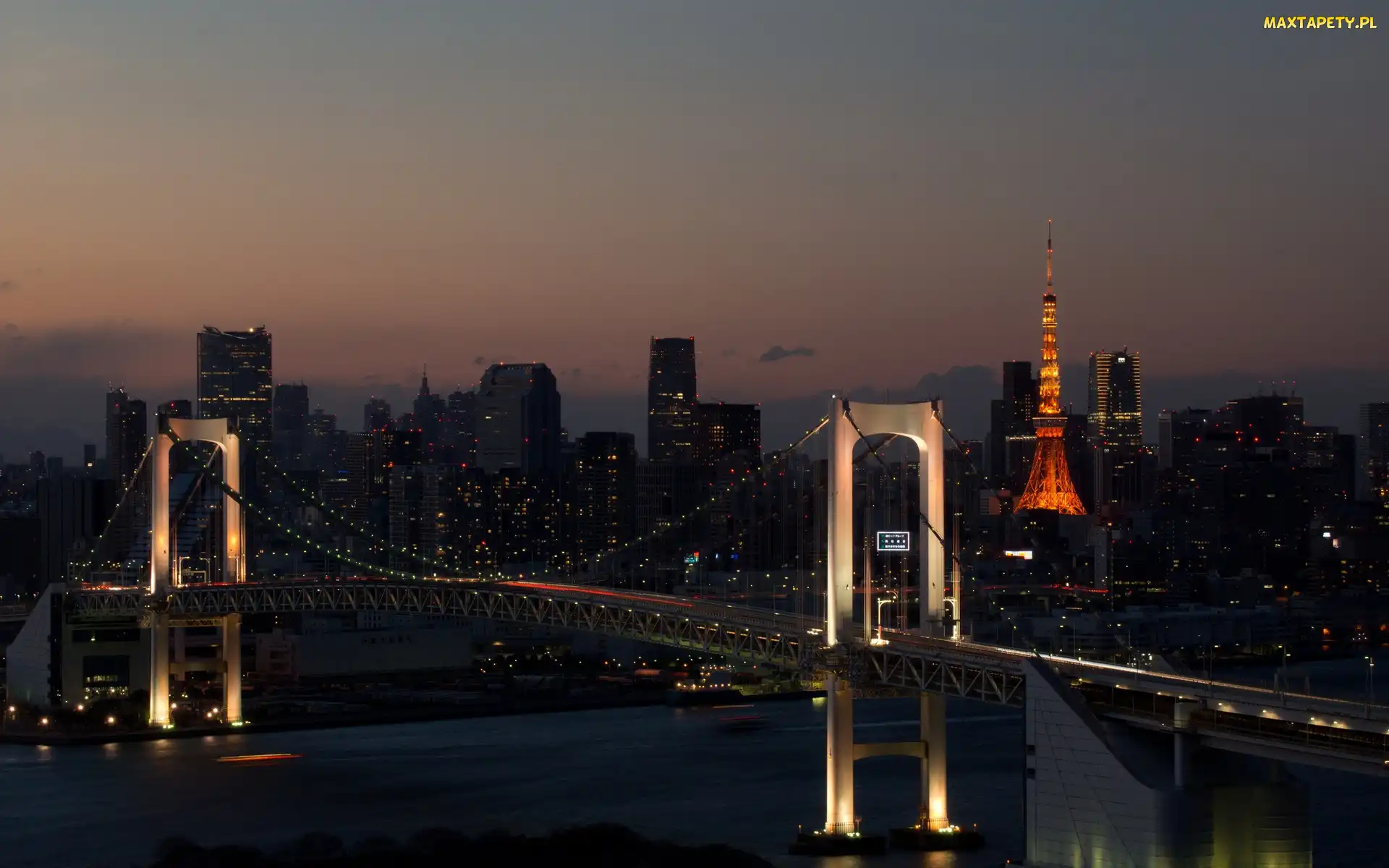 Noc, Panorama, Wieża, Most, Wieżowce, Tokio
