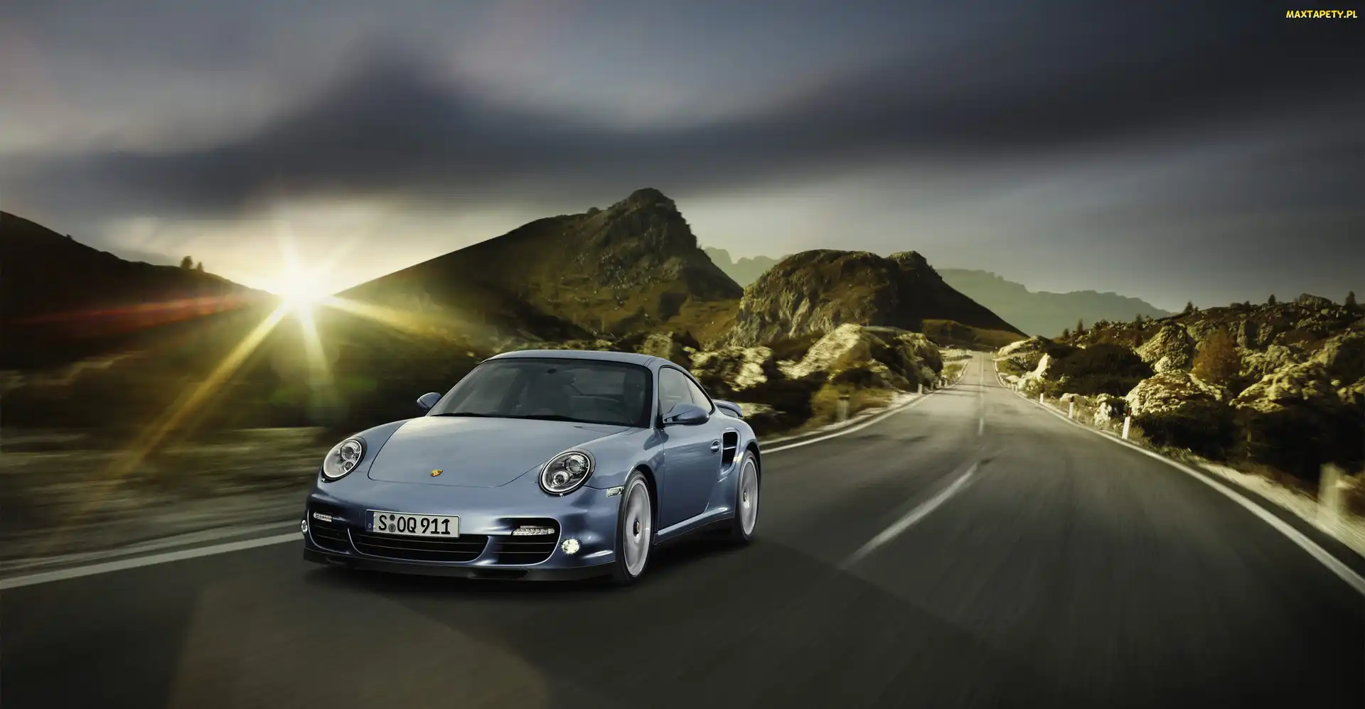 Turbo, Porsche, Samochód, Słońca, Góry, Droga, Promienie, 911