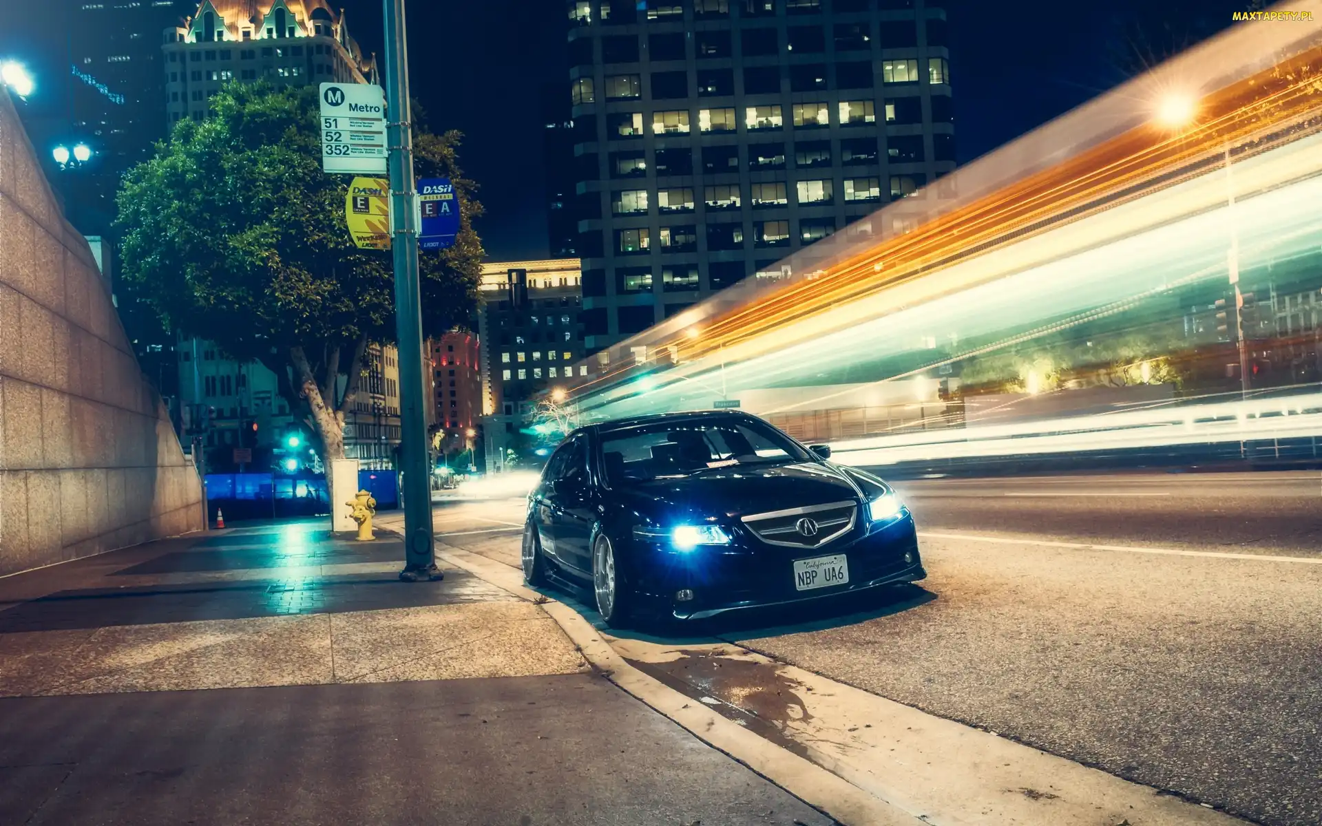 Miasto, Noc, Ulica, Wieżowce, Acura TSX