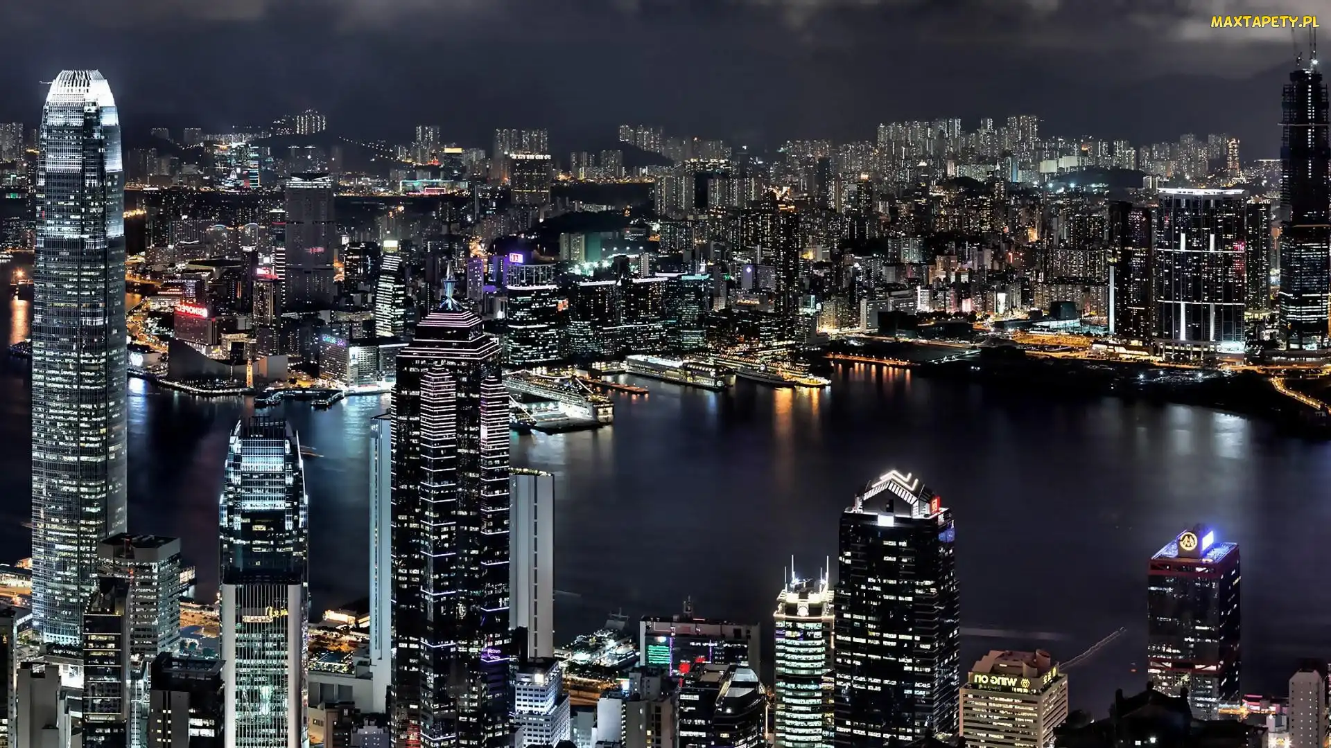 Hong Kong, Budynki, Światła, Noc, Miasto