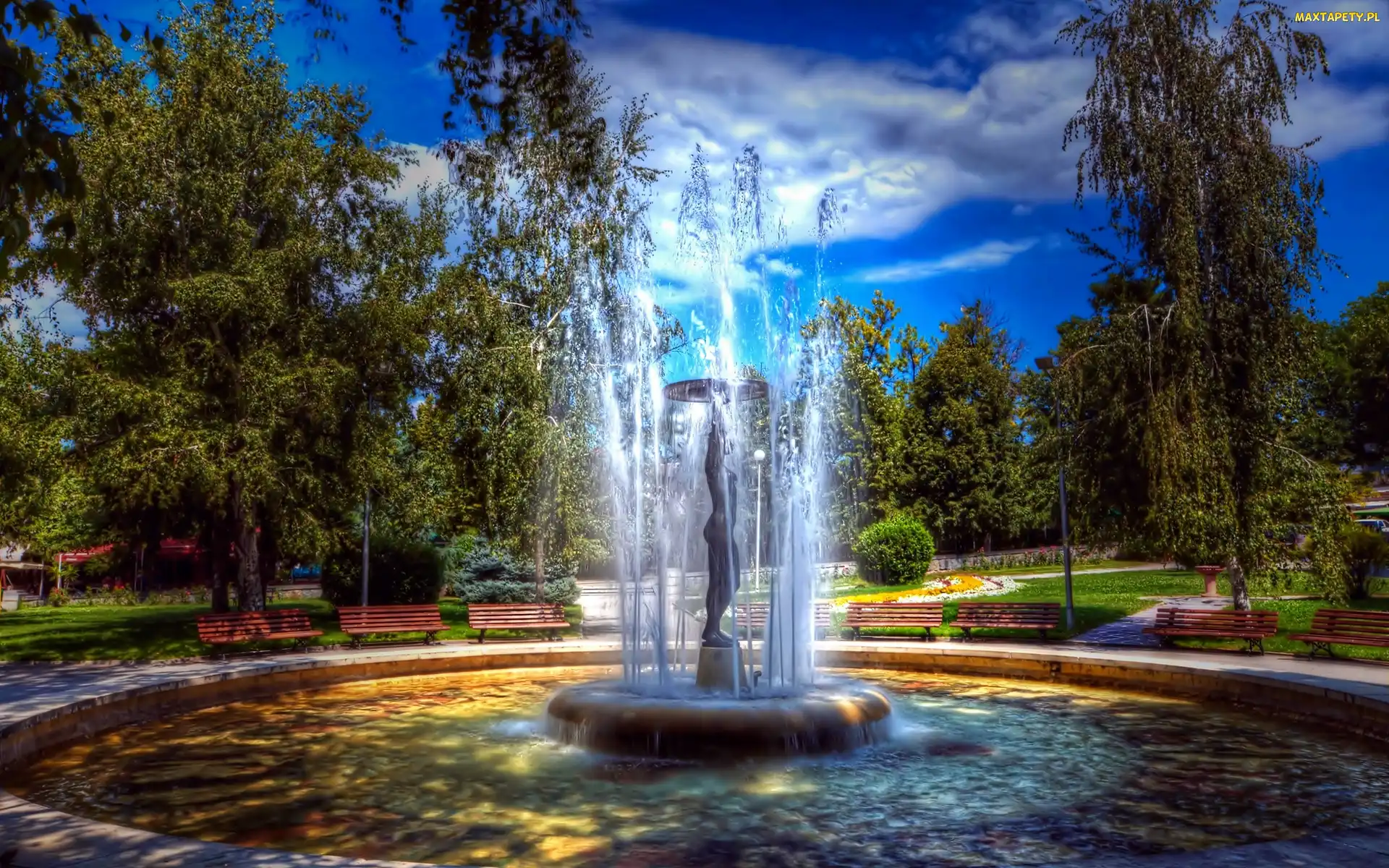 Park, Fontanna, Światło, Cień, Obłoki