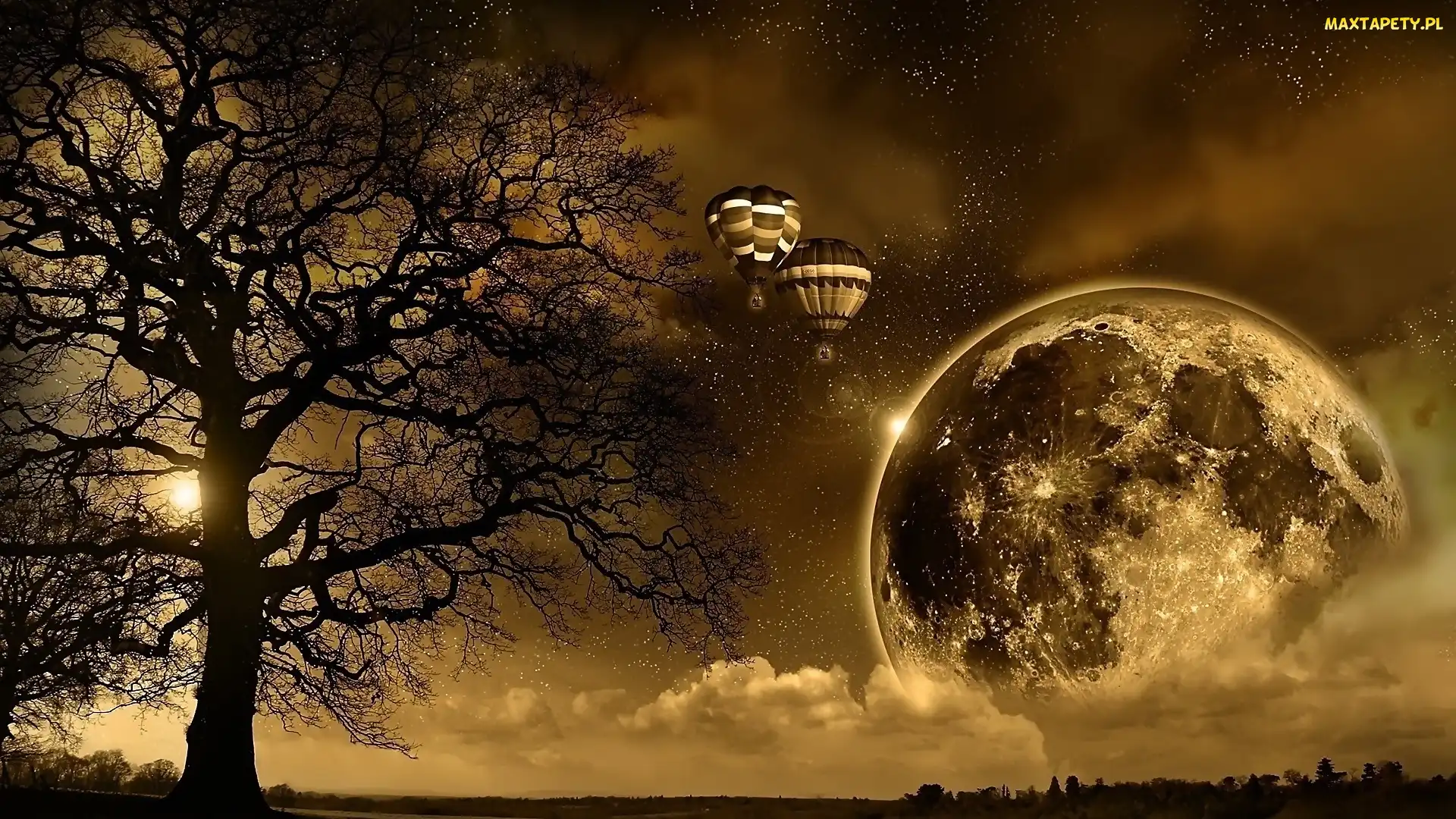 Księżyc, Fantasy, Drzewo, Balony, Gwiazdy