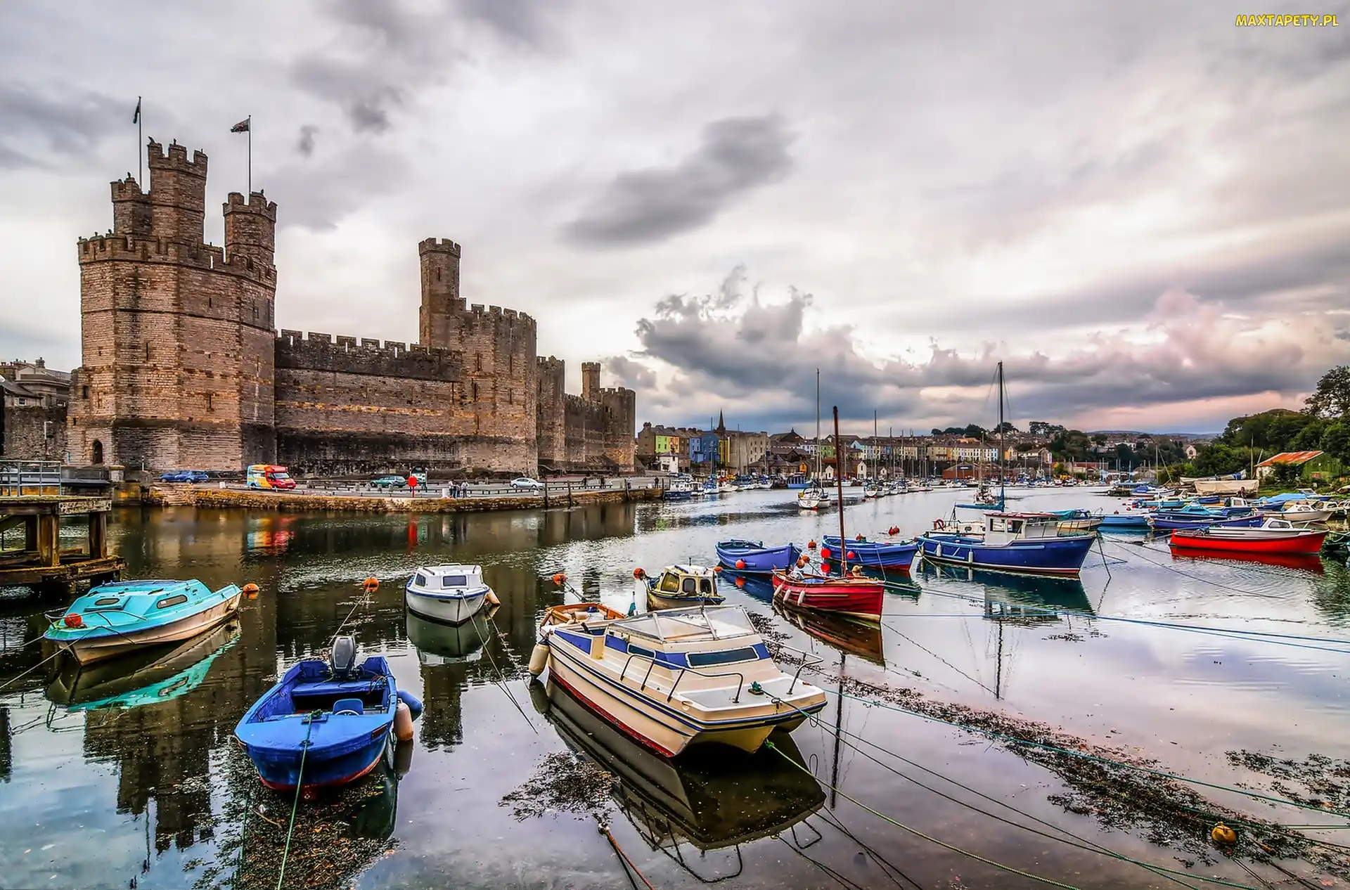 Wielka, Walia, Caernarfon, Brytania, Zamek, Miasto, Port