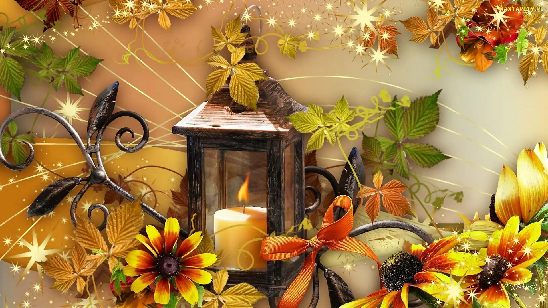 Rudbekia, Kwiaty, Kompozycja, Liście, Świeca, Jesienna, Lampion
