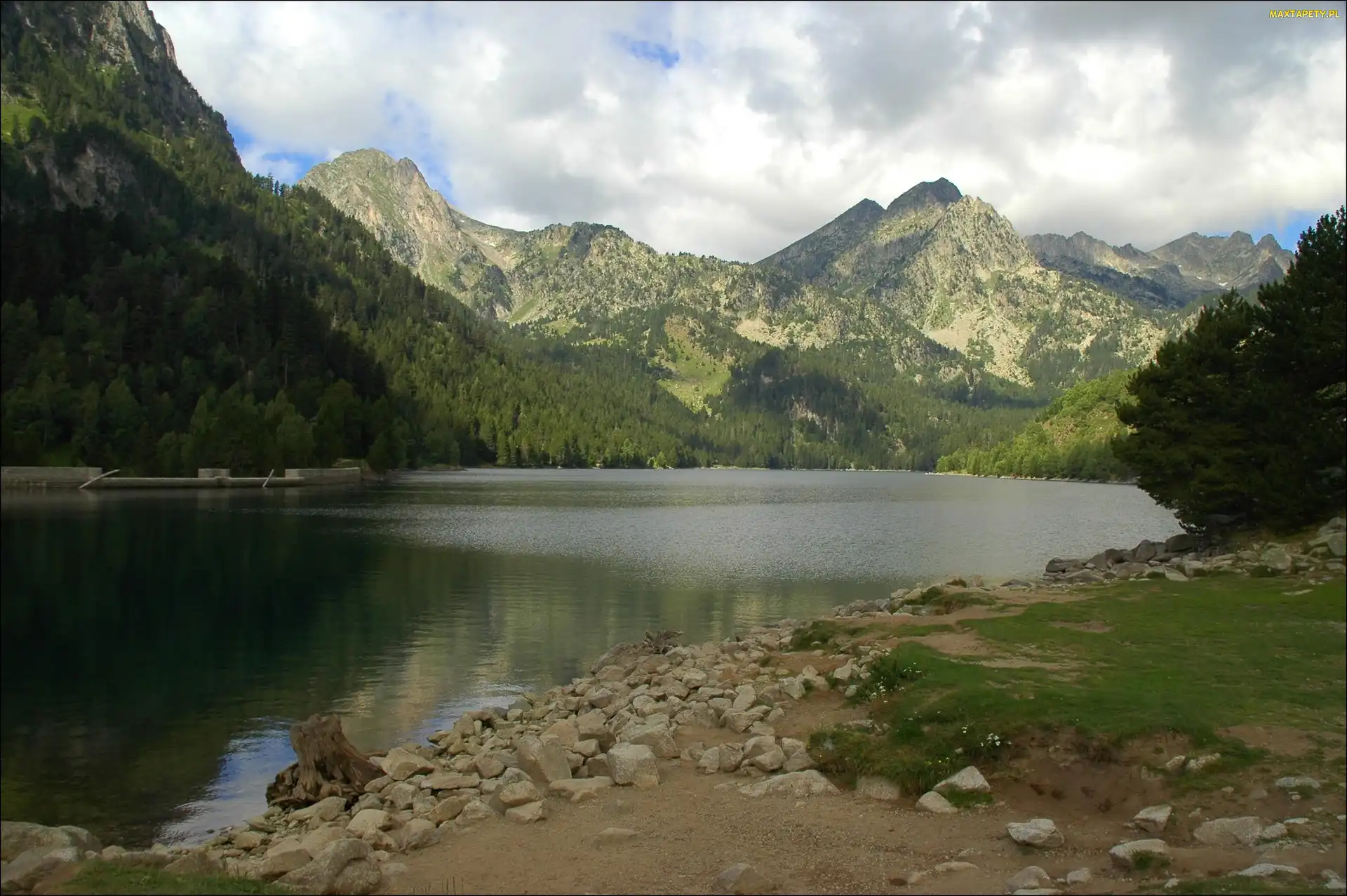 Woda, Drzewa, Kamienie, Góry, Jezioro