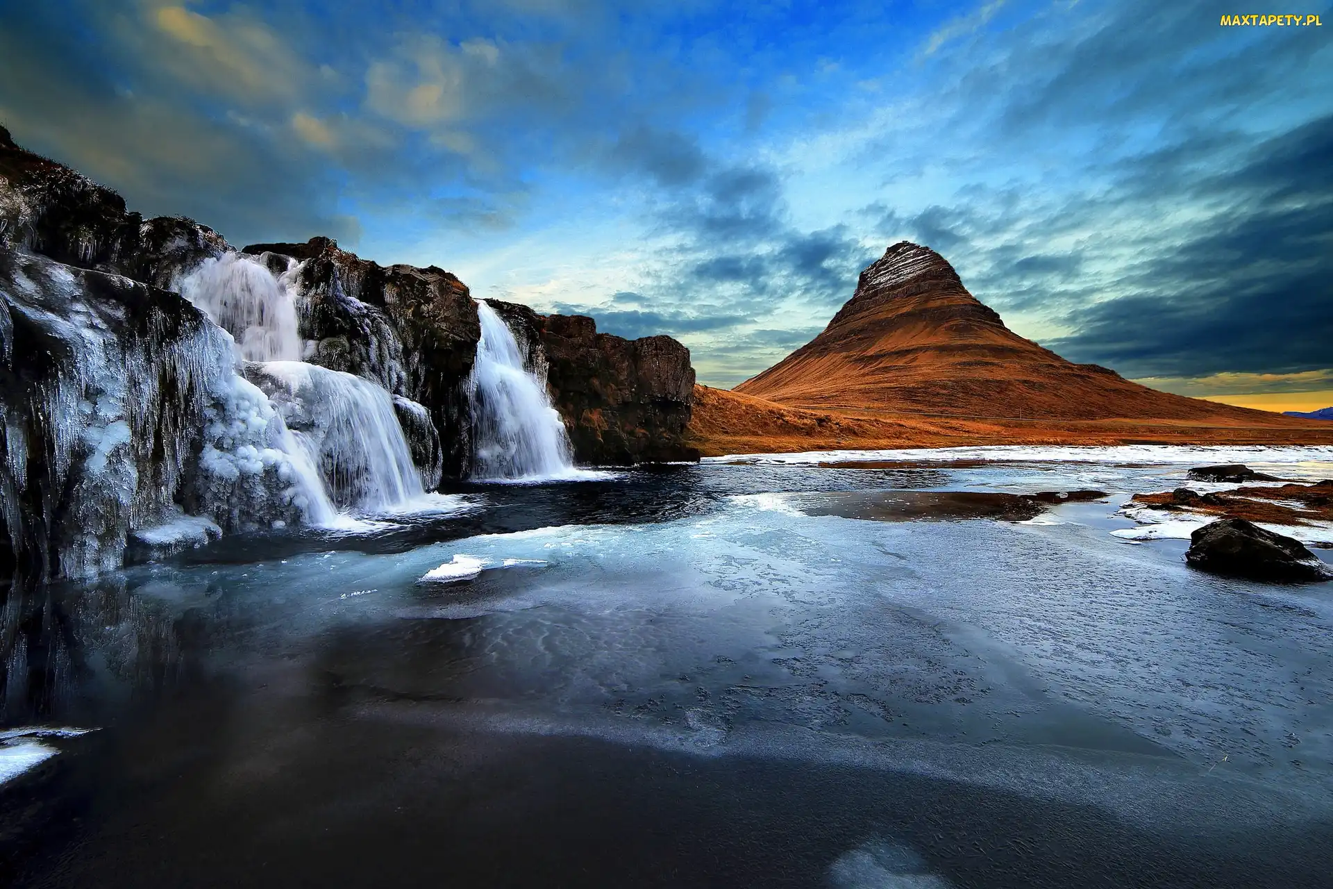 Zima, Islandia, Zamarzające, Wodospady, Góra