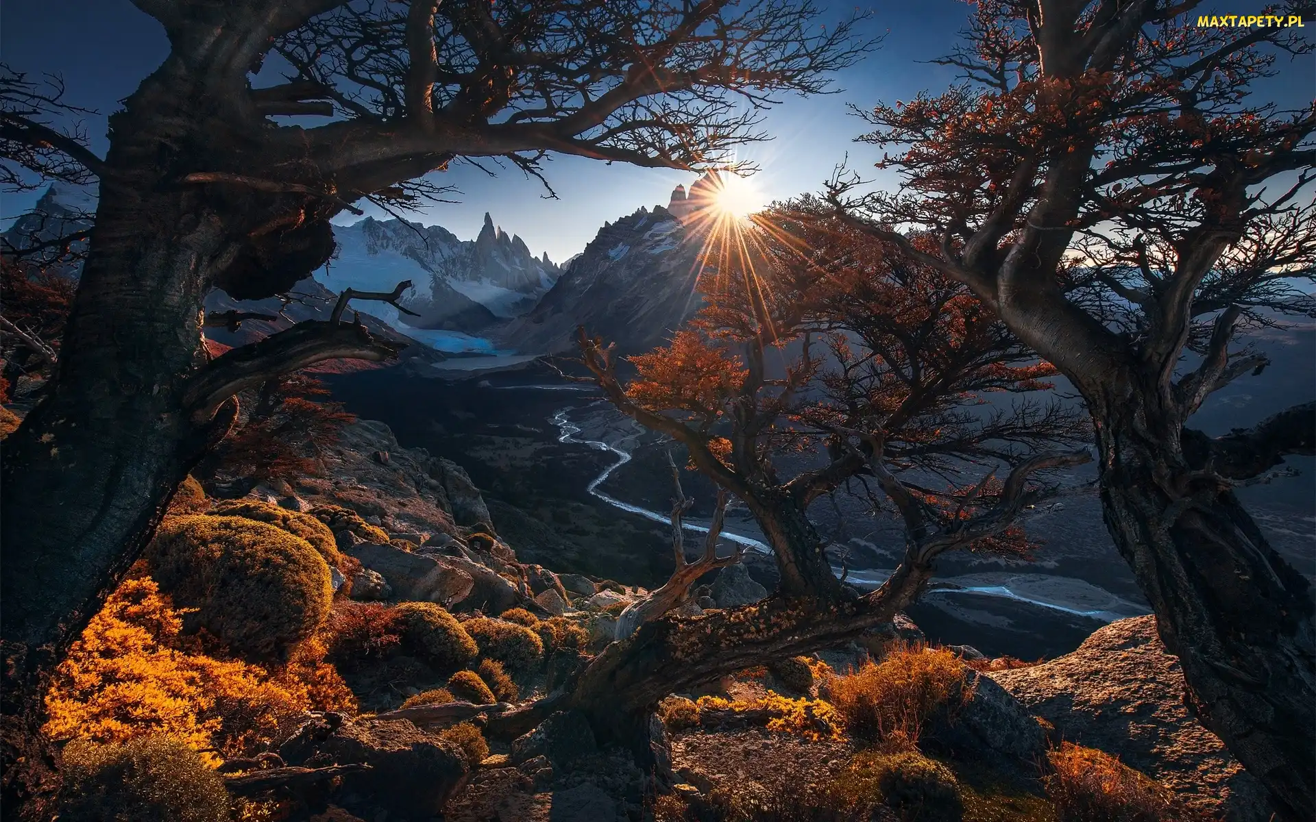 Park Narodowy Los Glaciares, Drzewa, Patagonia, Argentyna, Promienie słońca, Szczyt Fitz Roy, Góry, Rzeka Rio de las Vueltas, Jesień