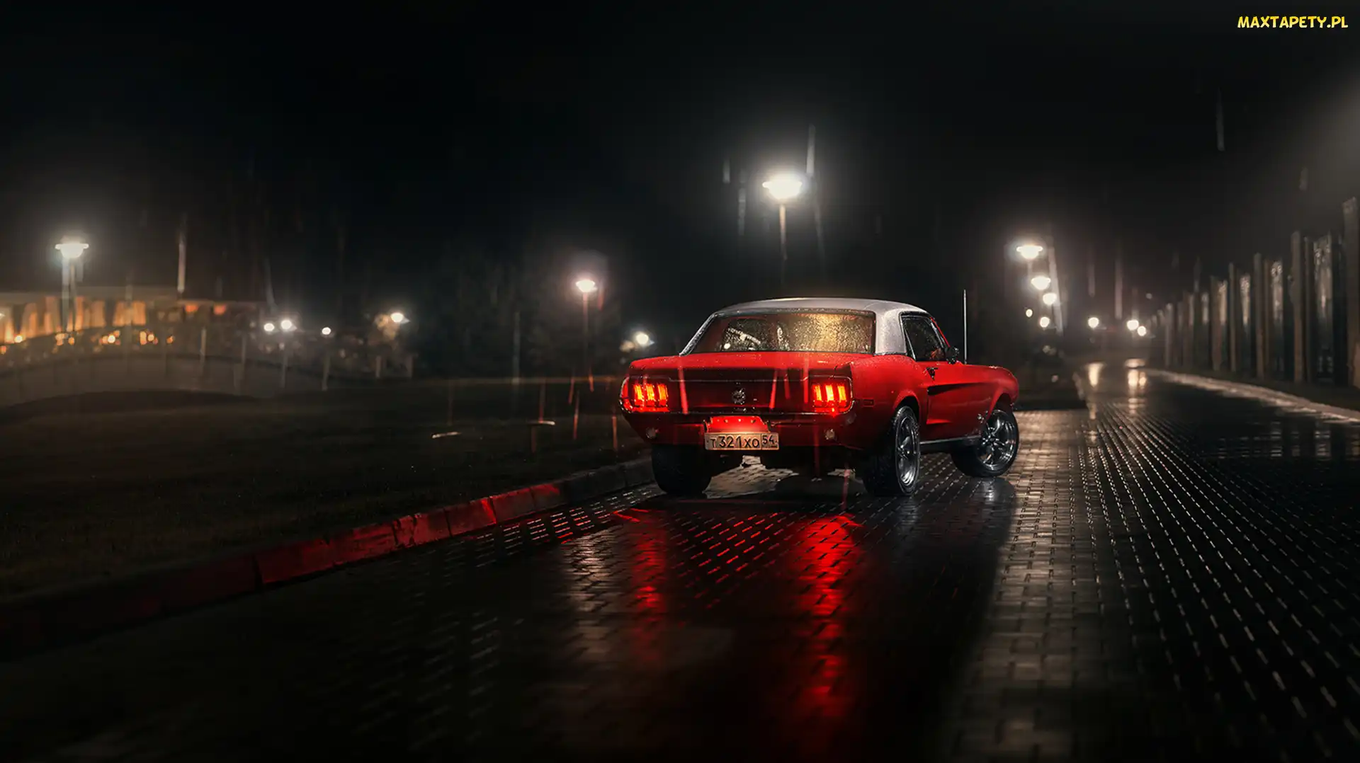 Ford, Noc, Deszcz, Mustang, Czerwony