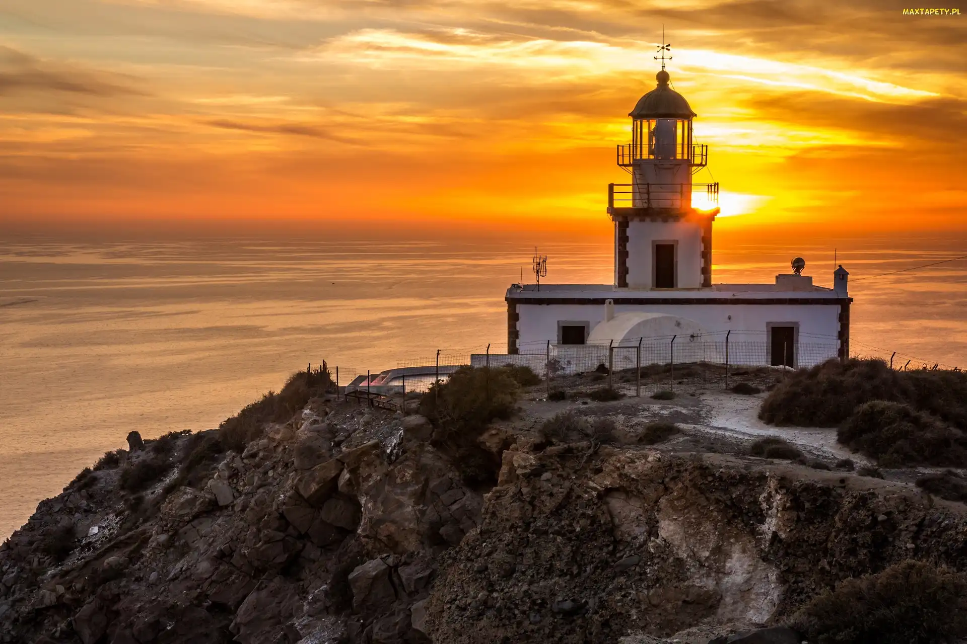 Grecja, Santorini, Zachód słońca, Latarnia morska, Morze, Akrotiri