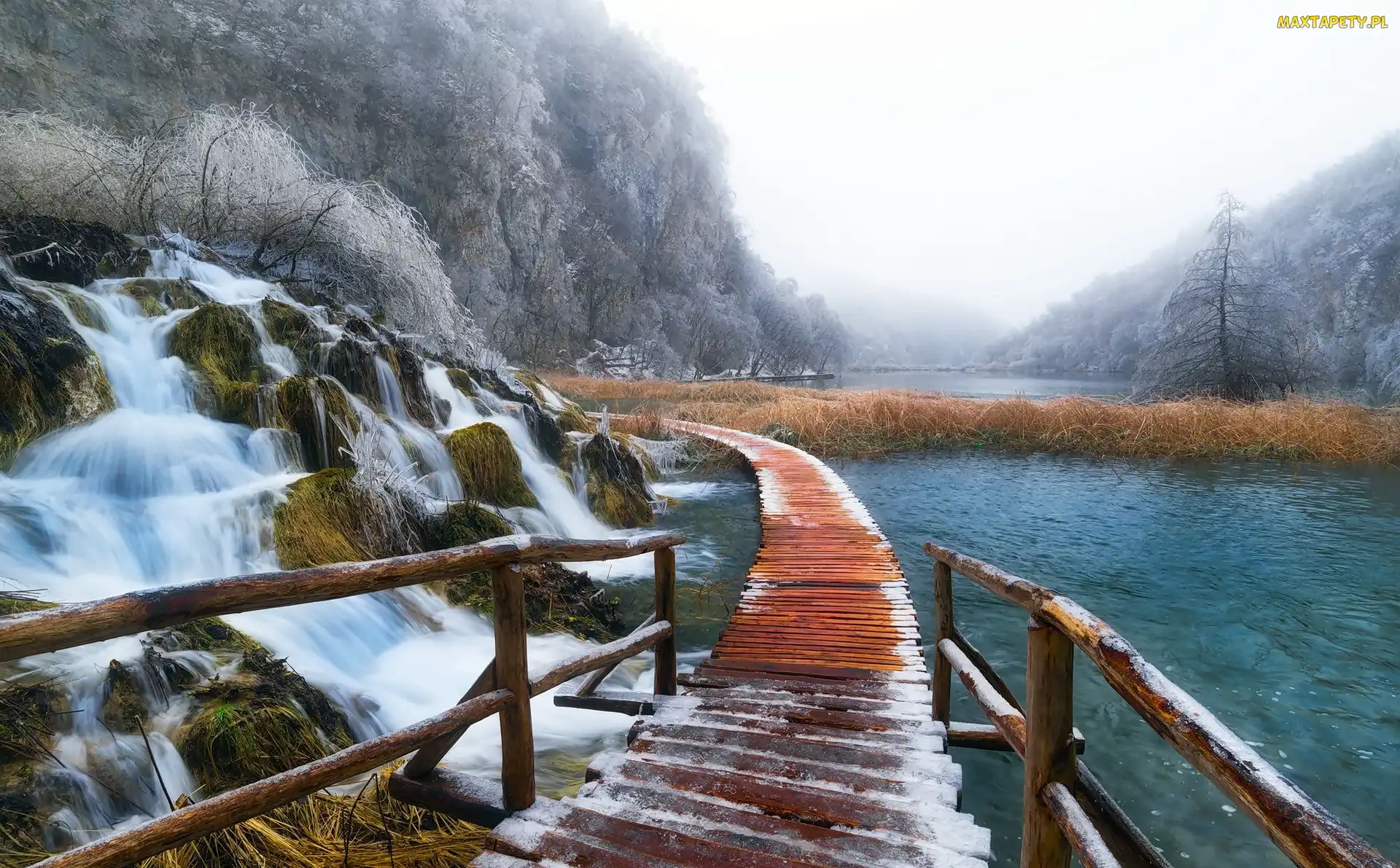 Zima, Kładka, Plitvice, Chorwacja, Jezioro, Wodospad