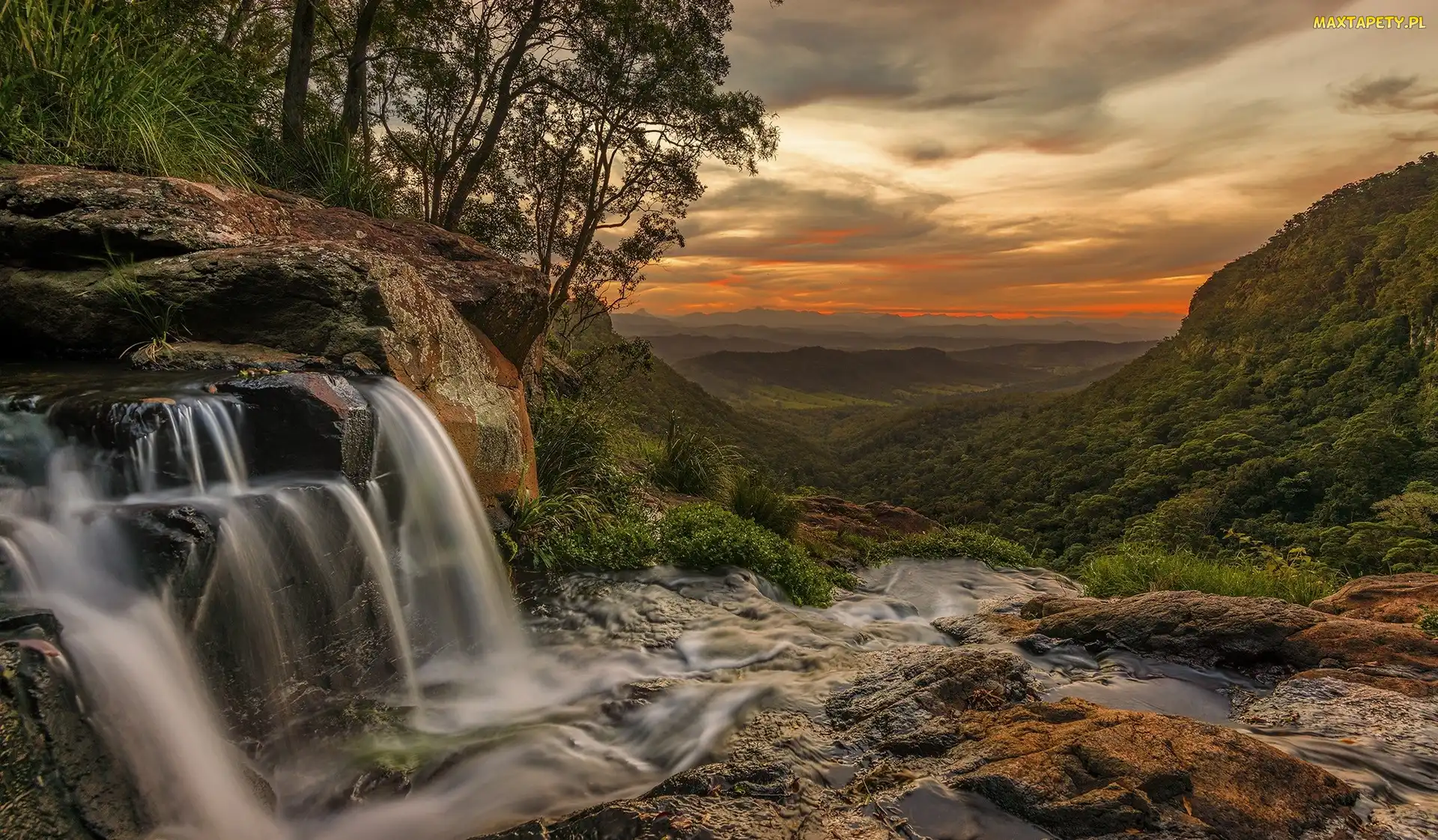 Australia, Wzgórza, Skały, Drzewa, Wodospad Moran Falls