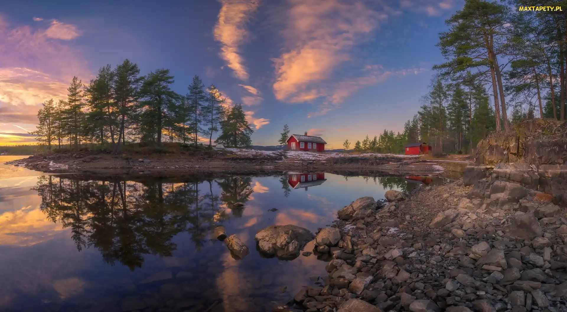 Ringerike, Drzewa, Dom, Jezioro Vaeleren, Norwegia