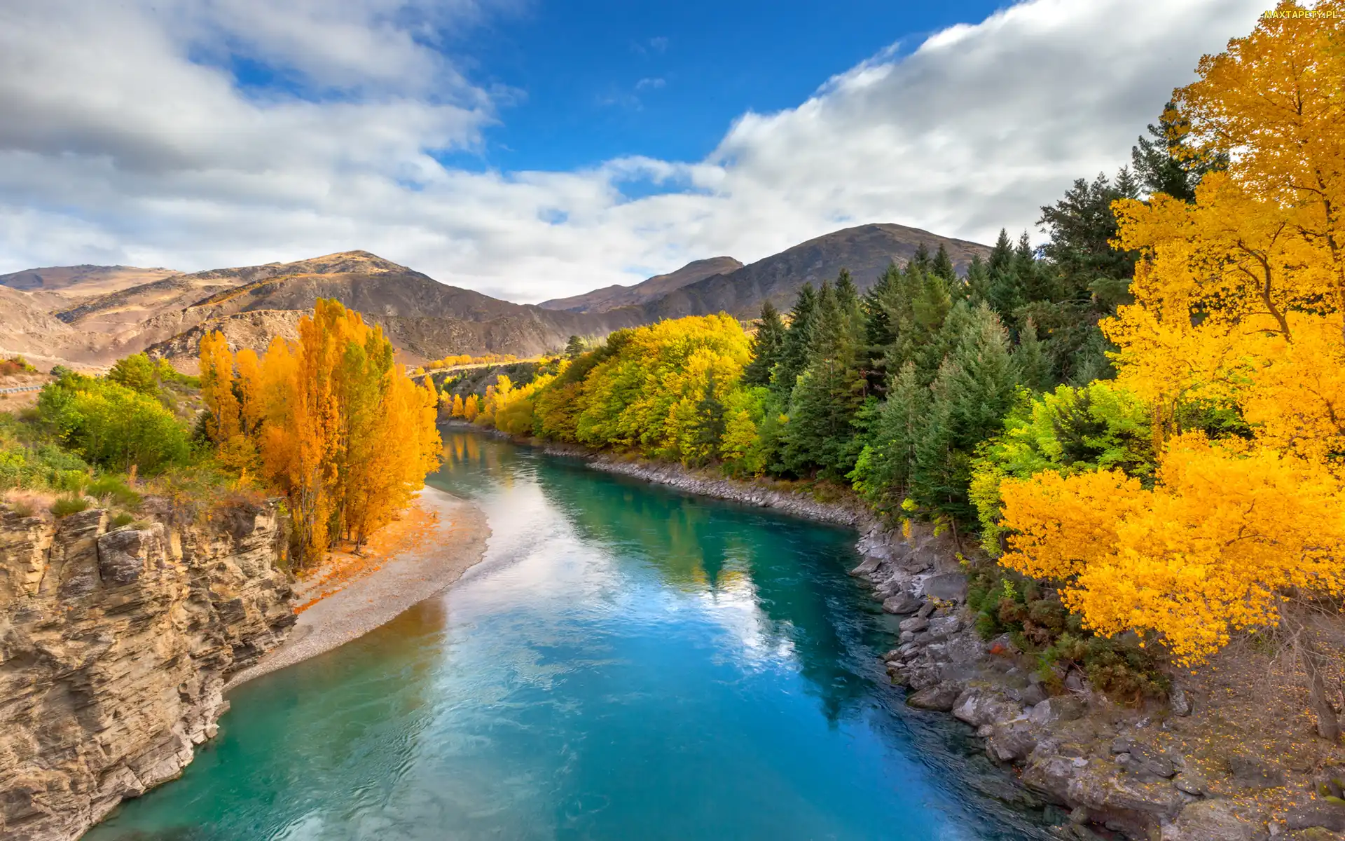 Nowa Zelandia, Queenstown, Drzewa, Góry, Jesień, Rzeka Shotover