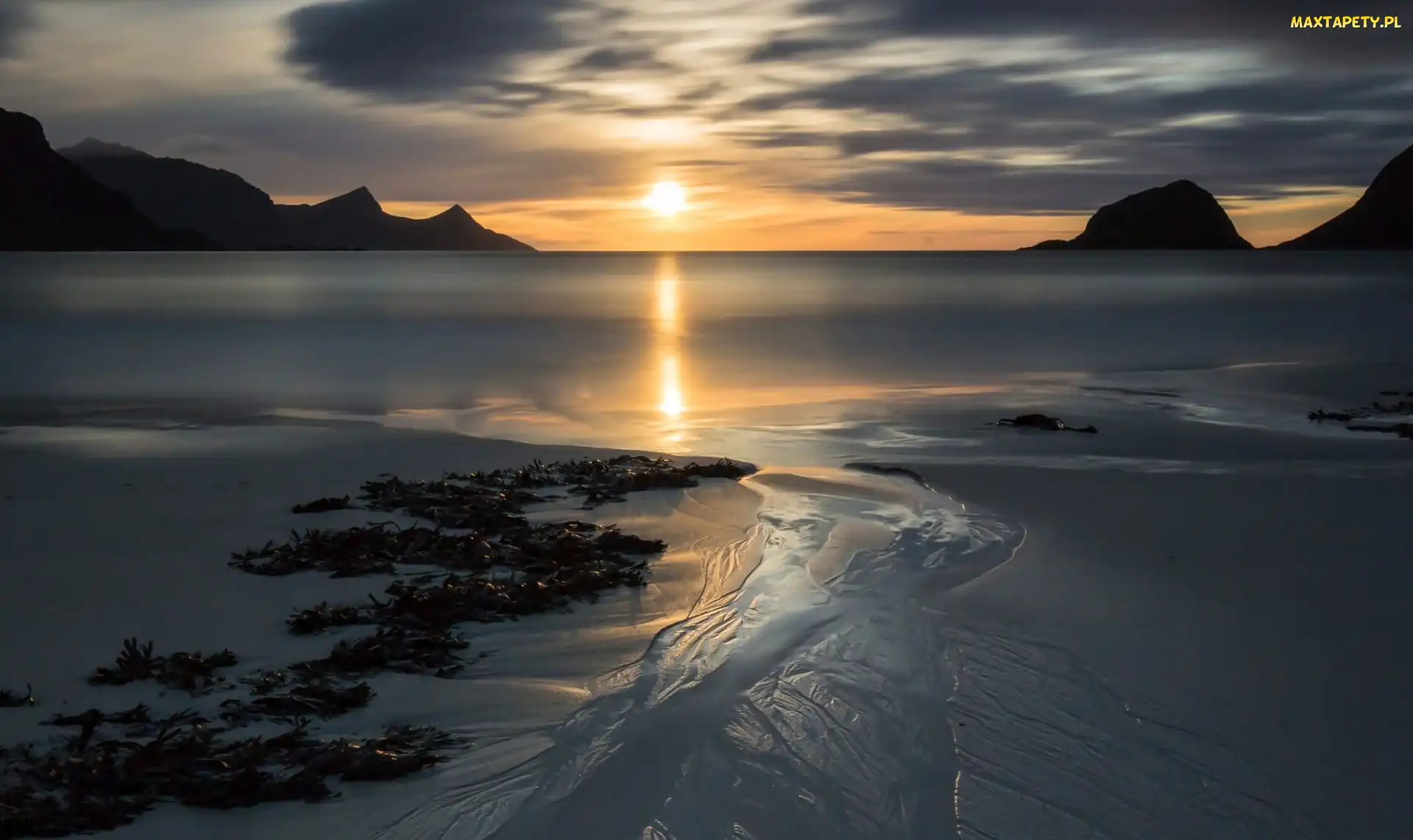 Norwegia, Lofoty, Góry, Plaża, Morze, Wschody Słońca