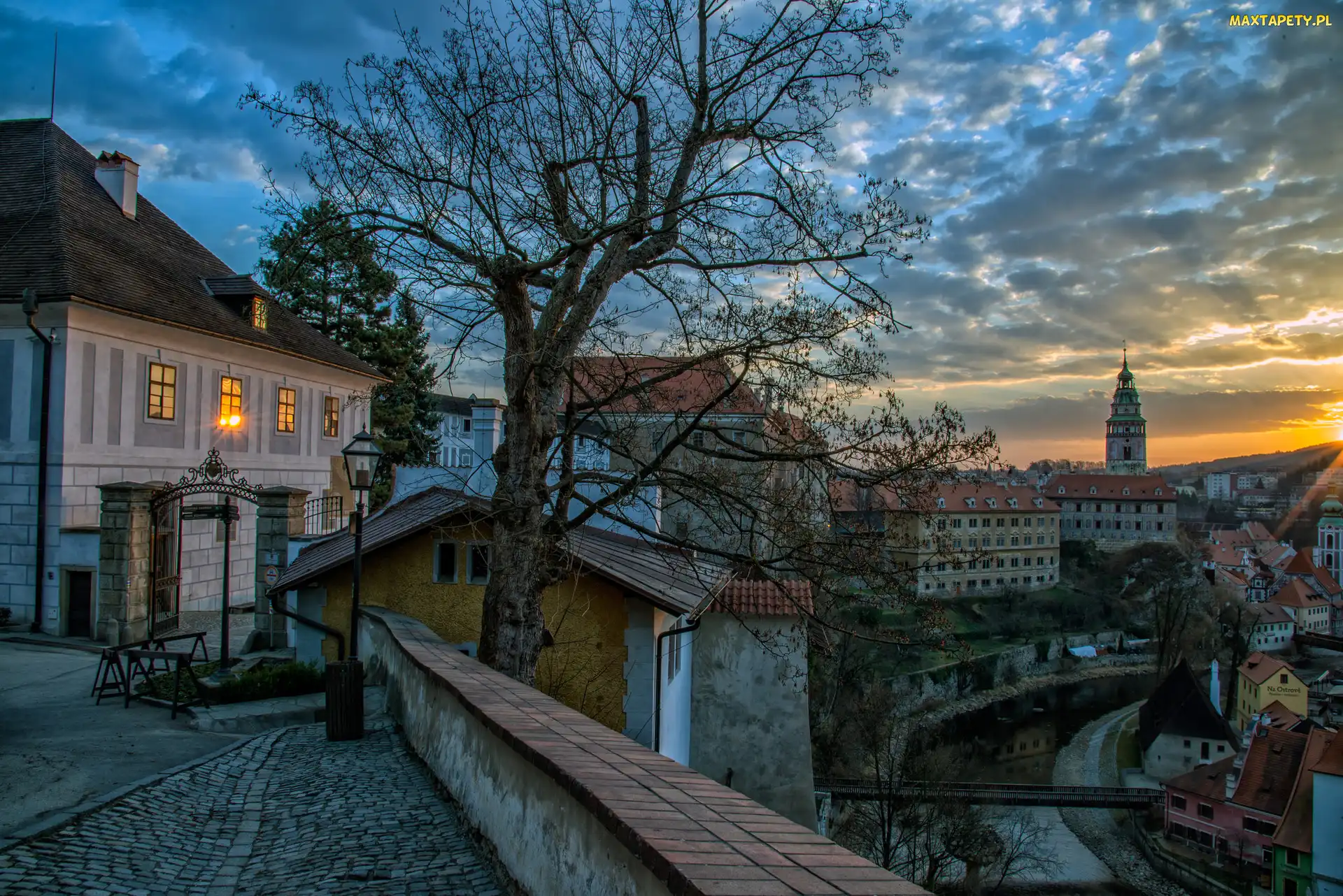 Czechy, Český Krumlov, Drzewo, Domy, Kościół, Ulica