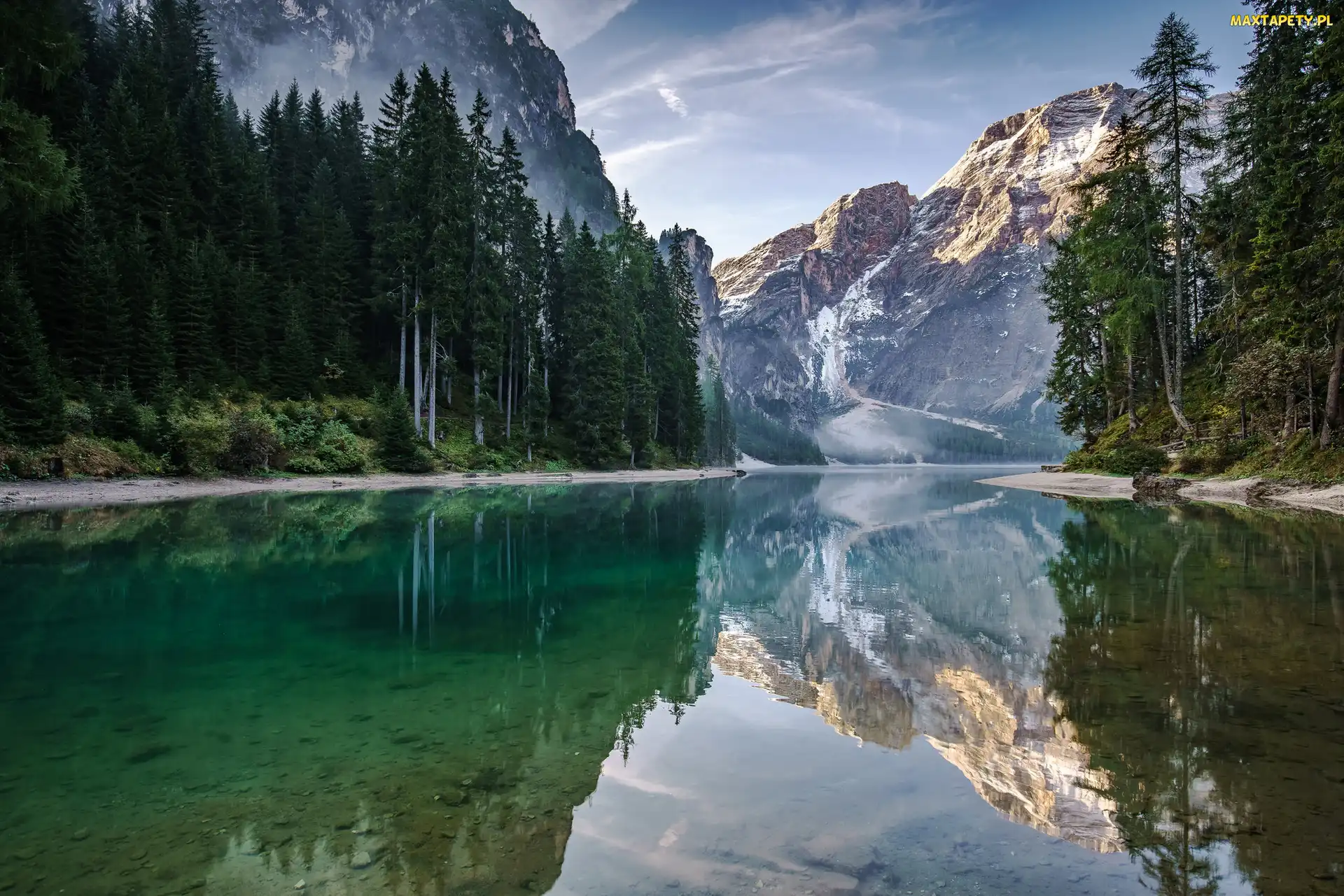 Włochy, Góry, Odbicie, Drzewa, Jezioro Pragser Wildsee, Dolomity