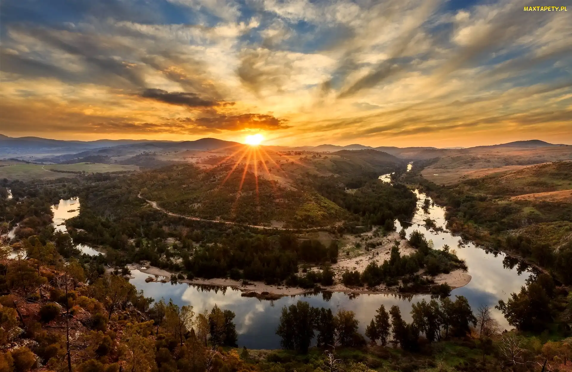 Canberra, Wzgórza, Australia, Rzeka Murrumbidgee, Chmury, Shepherds Lookout, Zachód słońca, Drzewa