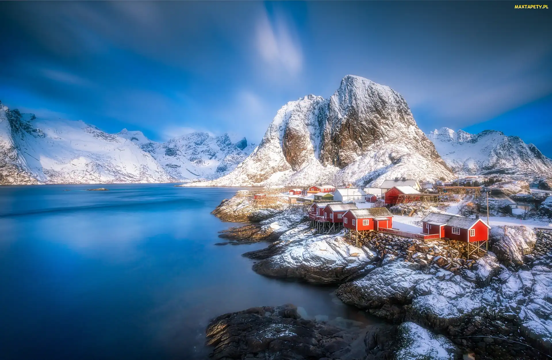 Góry, Domy, Lofoty, Morze, Wioska Hamnøy, Norwegia, Wyspa Moskenesøya